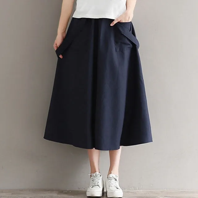 Mferlier Summer Womens Skirts Elastic Waist Removable Strap Two Front Pocket Cotton Linen Artsy Female Casual Skirts