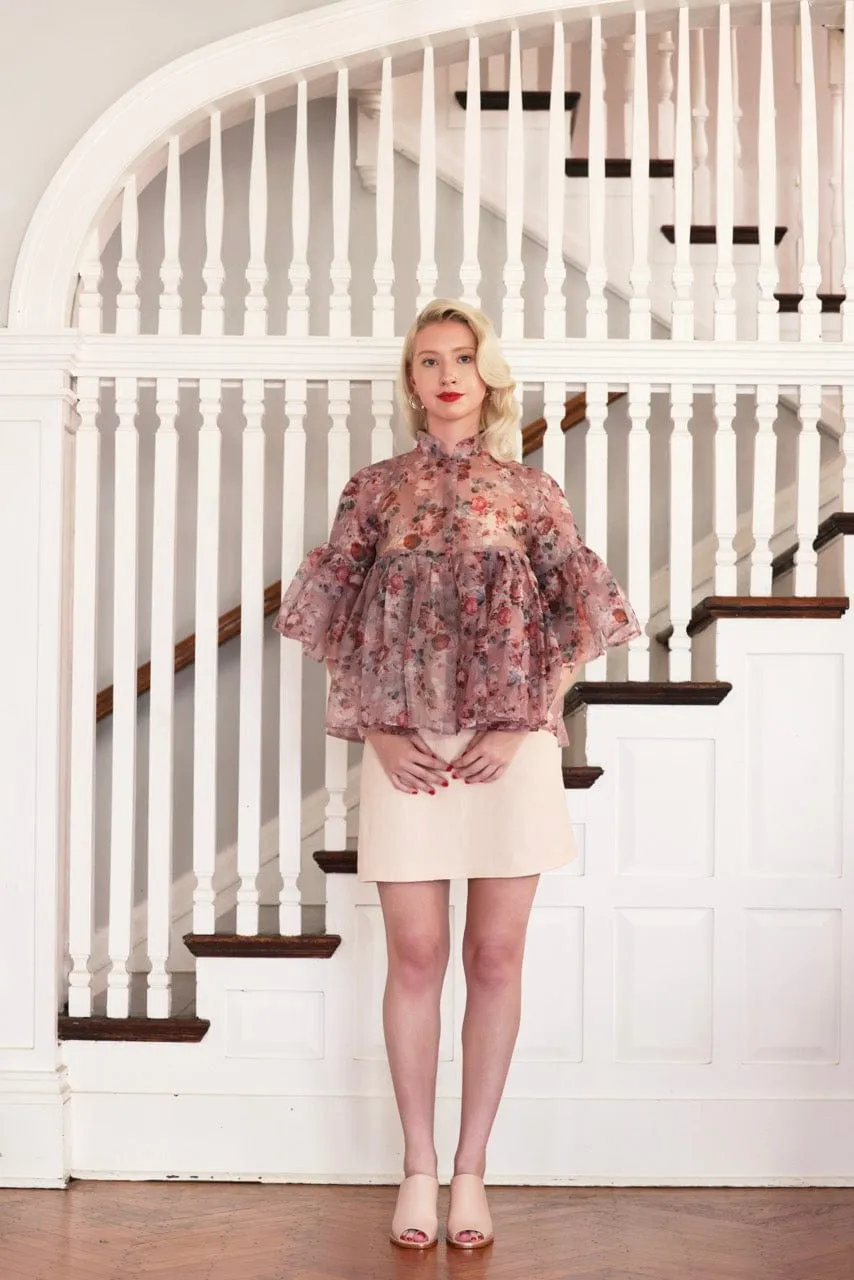 Michelle Blouse in Rose Print Silk Organza