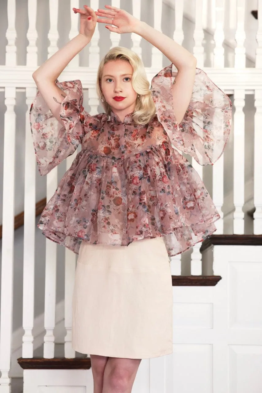 Michelle Blouse in Rose Print Silk Organza