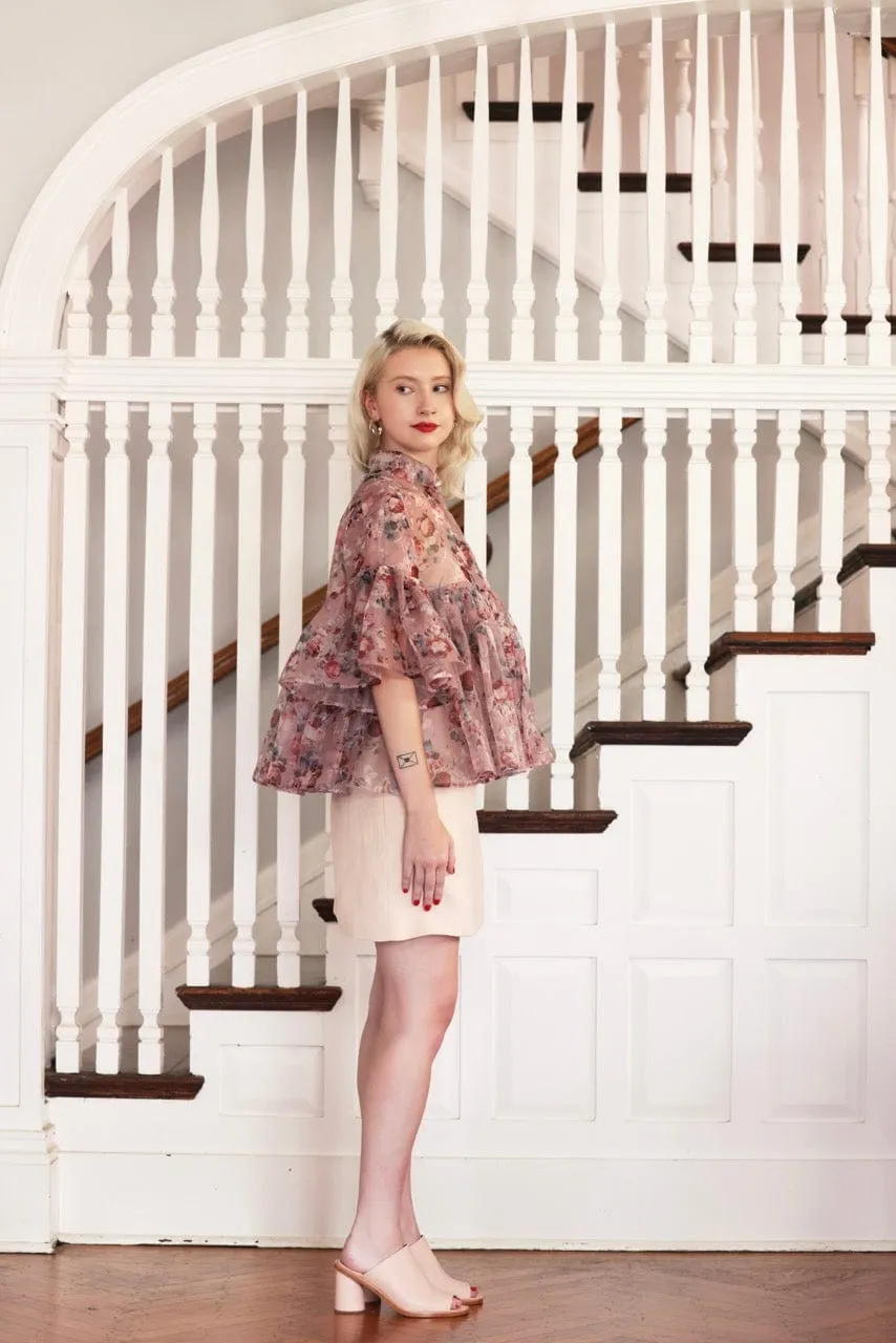 Michelle Blouse in Rose Print Silk Organza