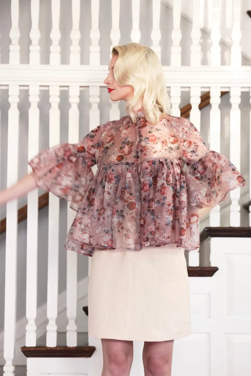 Michelle Blouse in Rose Print Silk Organza
