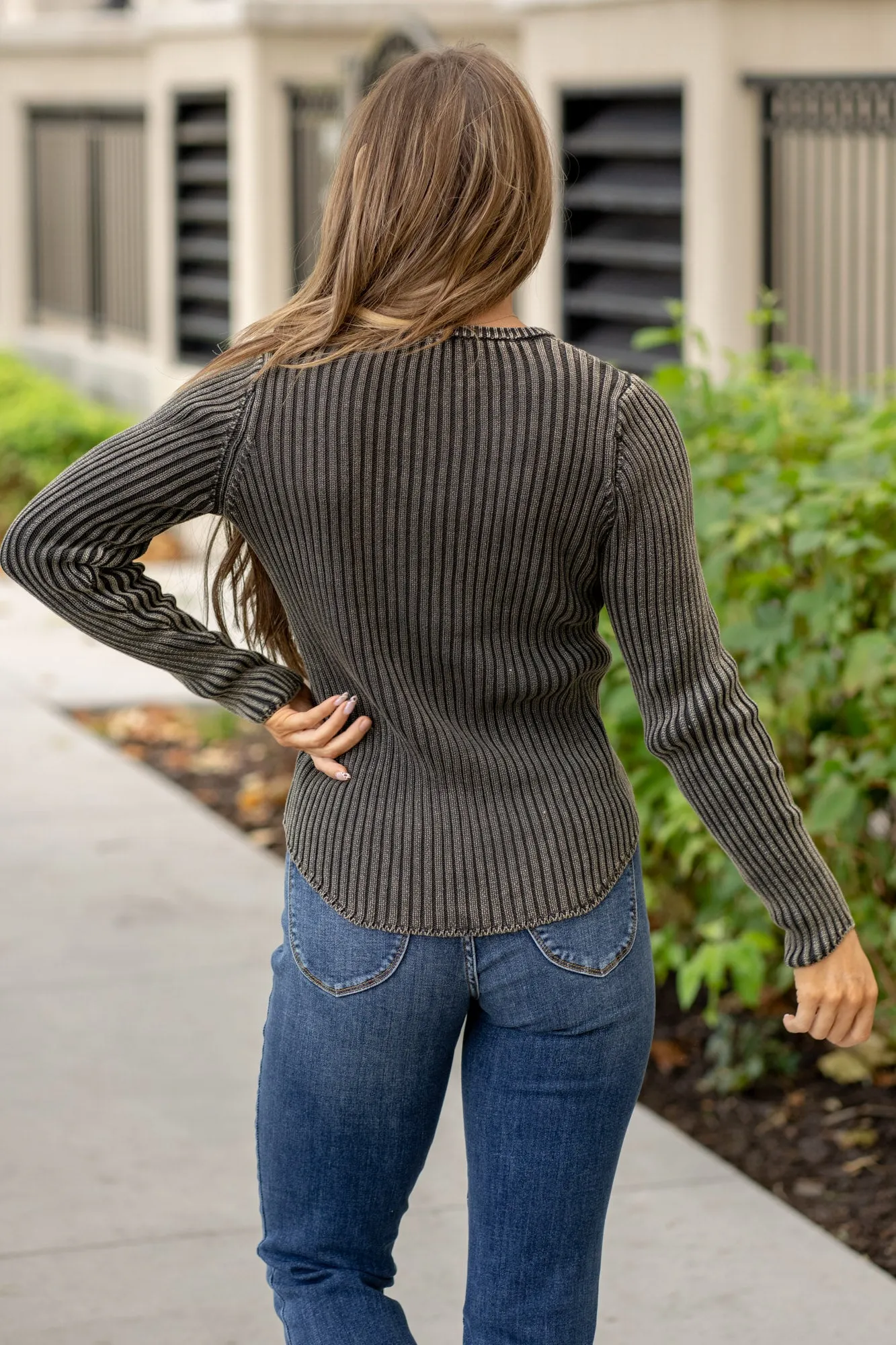 Mineral Wash Fitted Long Sleeve Rib Knit Top