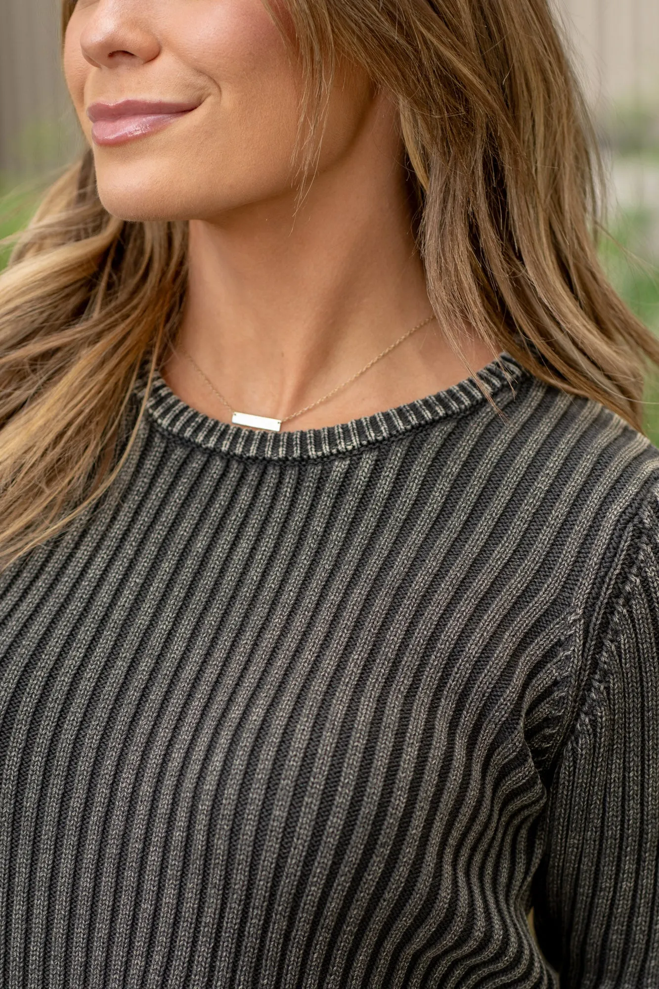 Mineral Wash Fitted Long Sleeve Rib Knit Top