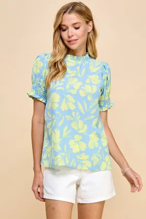 Mint Floral Ruffle Neckline Blouse with Smocked Short Sleeve