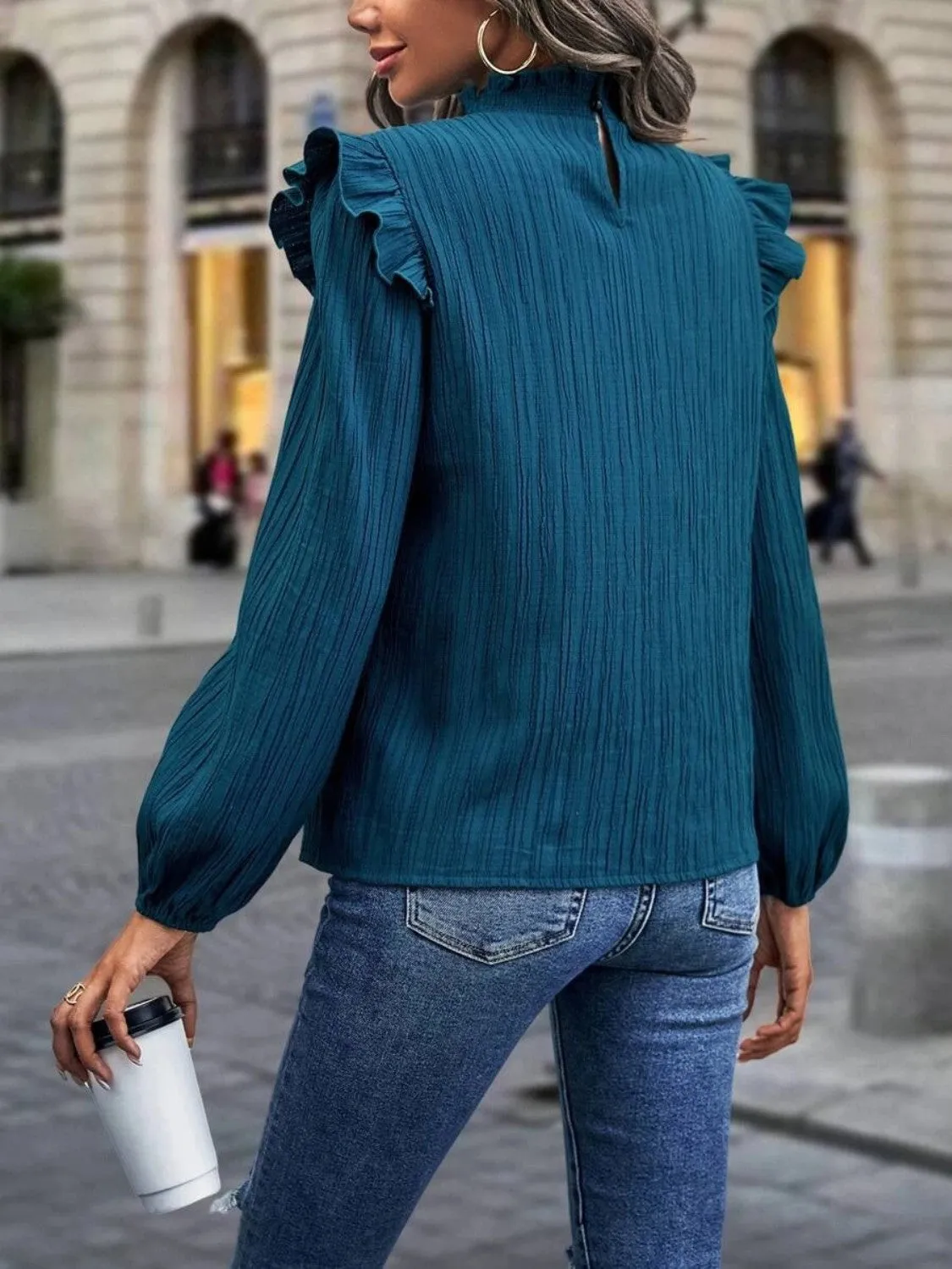 Mock Neck Ruffle Shoulder Blouse (3 Colors)
