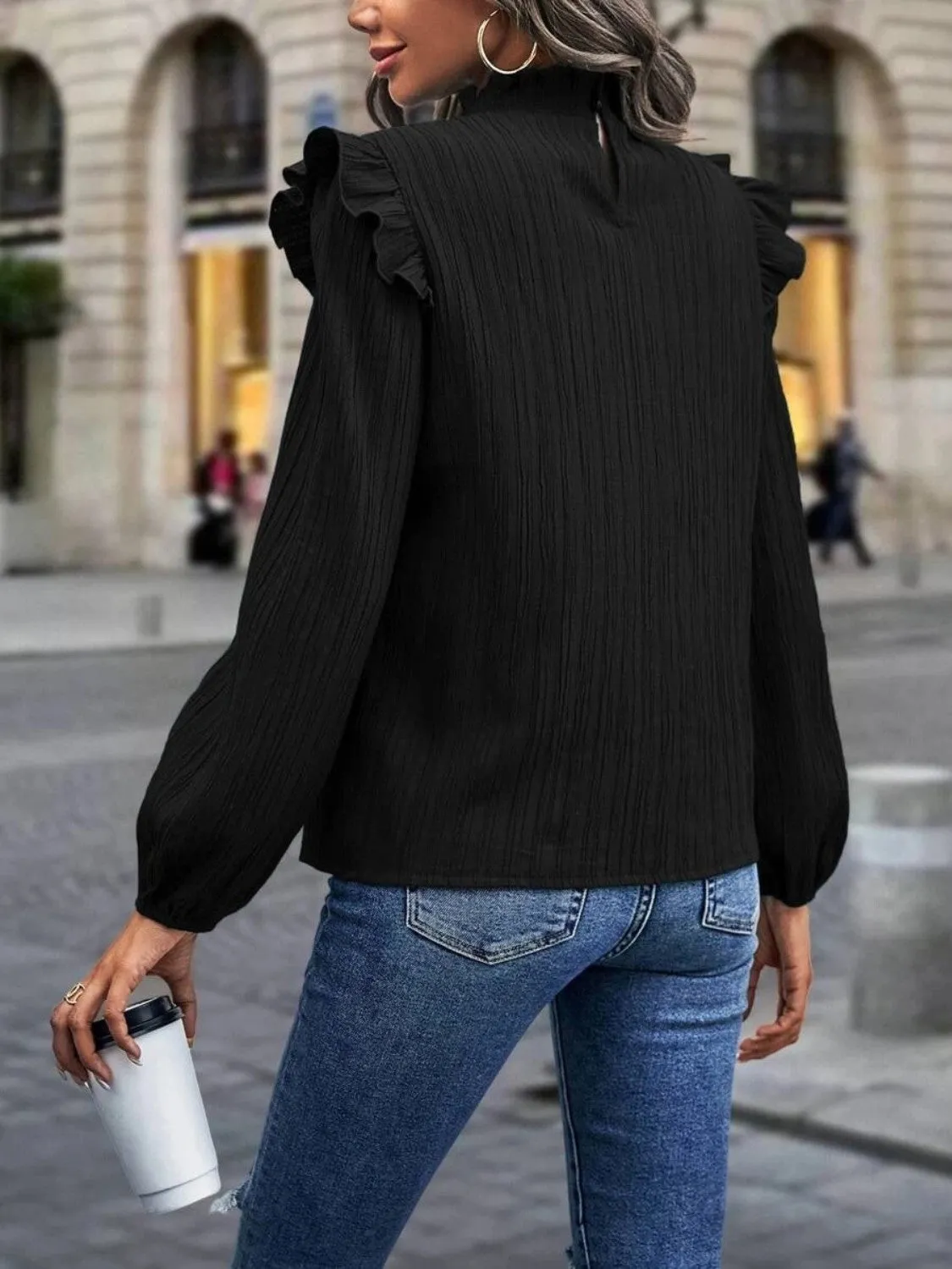 Mock Neck Ruffle Shoulder Blouse (3 Colors)