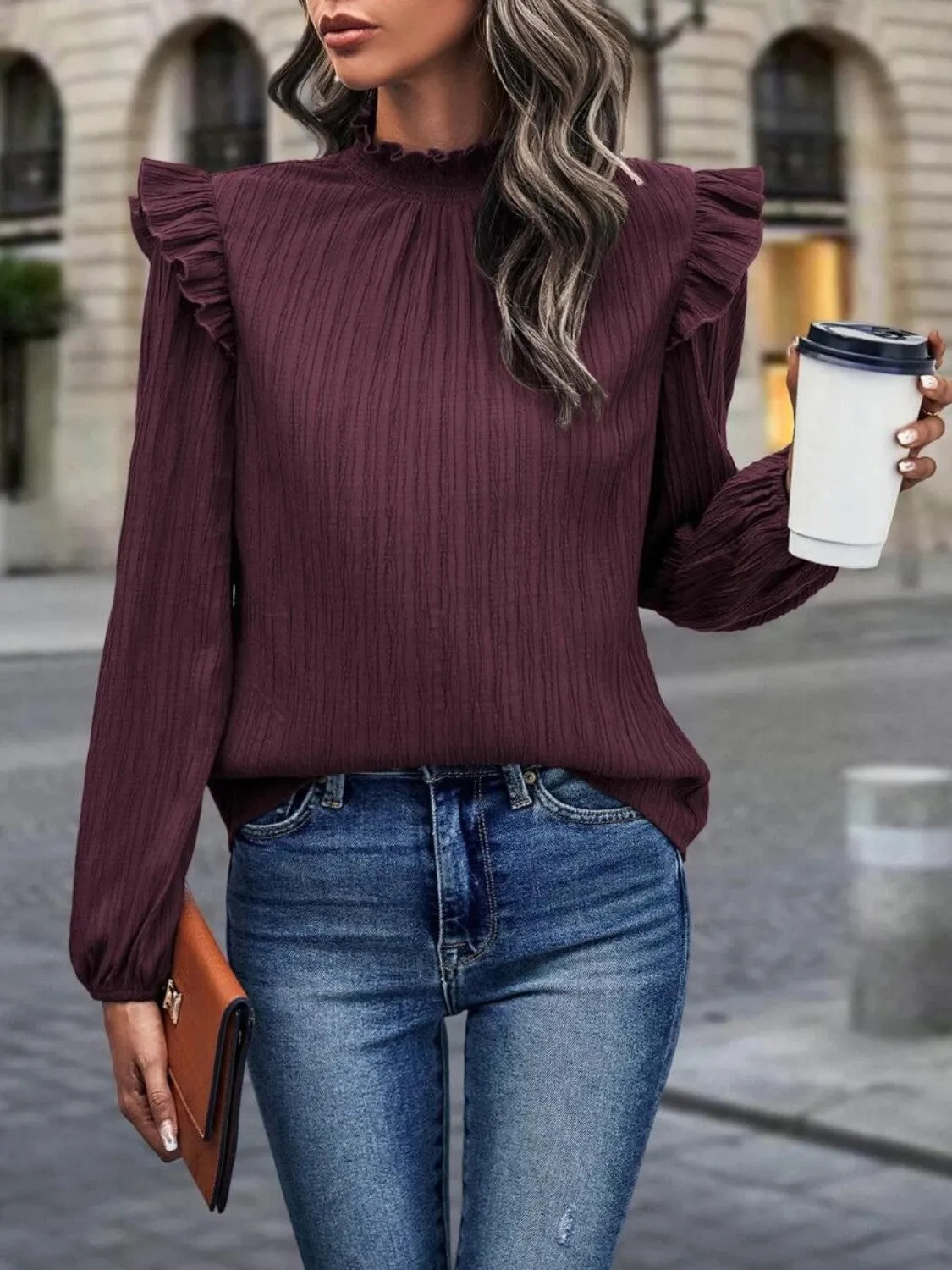 Mock Neck Ruffle Shoulder Blouse (3 Colors)