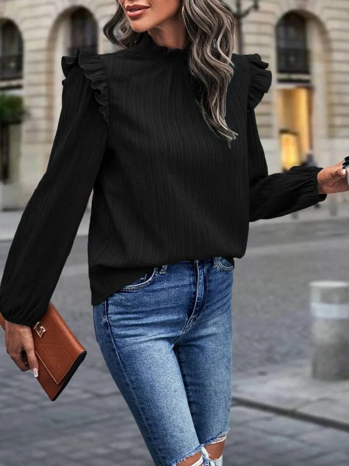 Mock Neck Ruffle Shoulder Blouse (3 Colors)