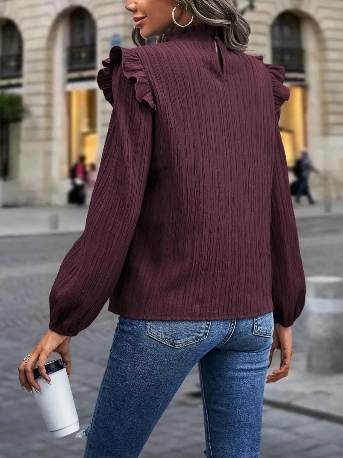 Mock Neck Ruffle Shoulder Blouse (3 Colors)