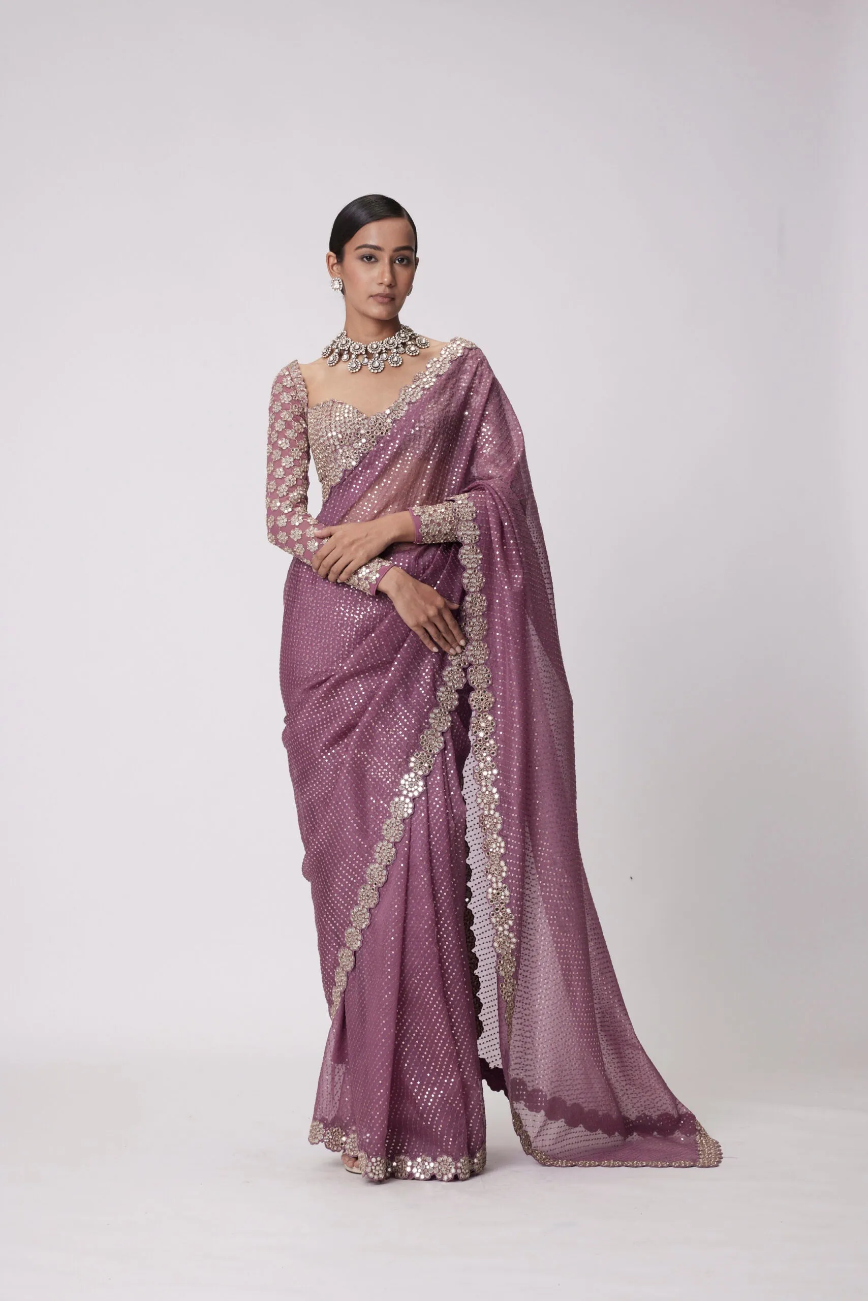 Mud Mauve Hand Embroidered Organza Saree Set