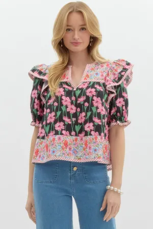 Multi Floral Print Blouse {Black}