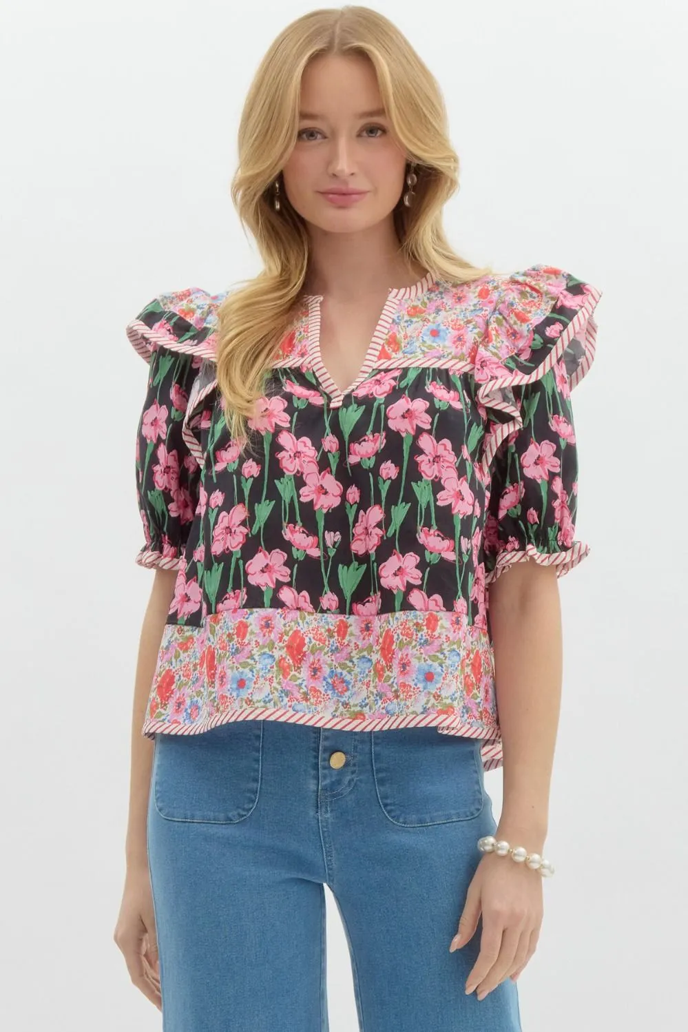 Multi Floral Print Blouse {Black}