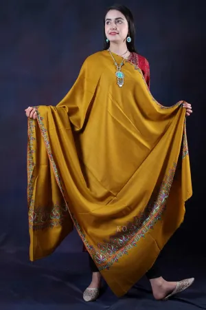 Mustard base Sozni Embroidered Handwooven Pashmina shawl
