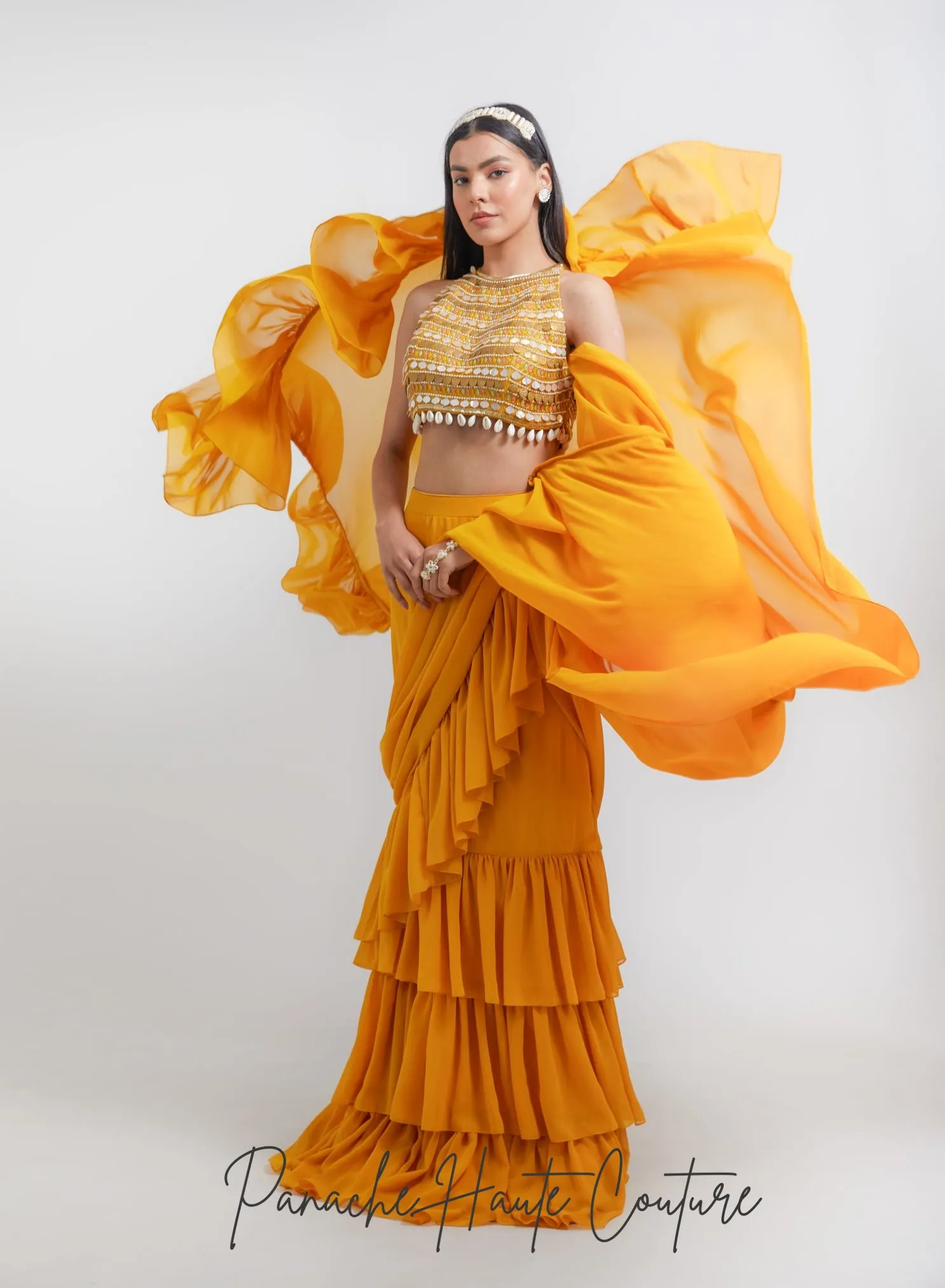 Mustard Yellow Color Ruffled Saree