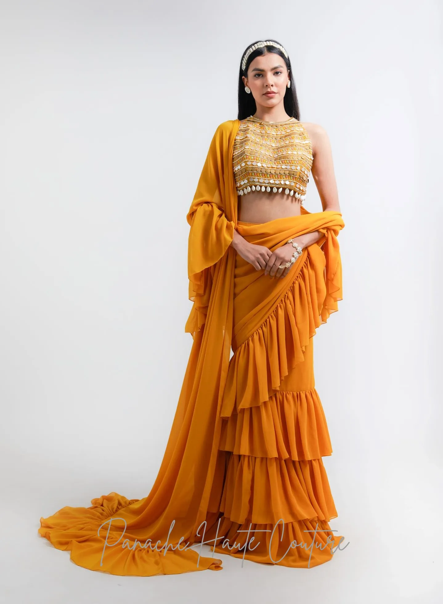 Mustard Yellow Color Ruffled Saree