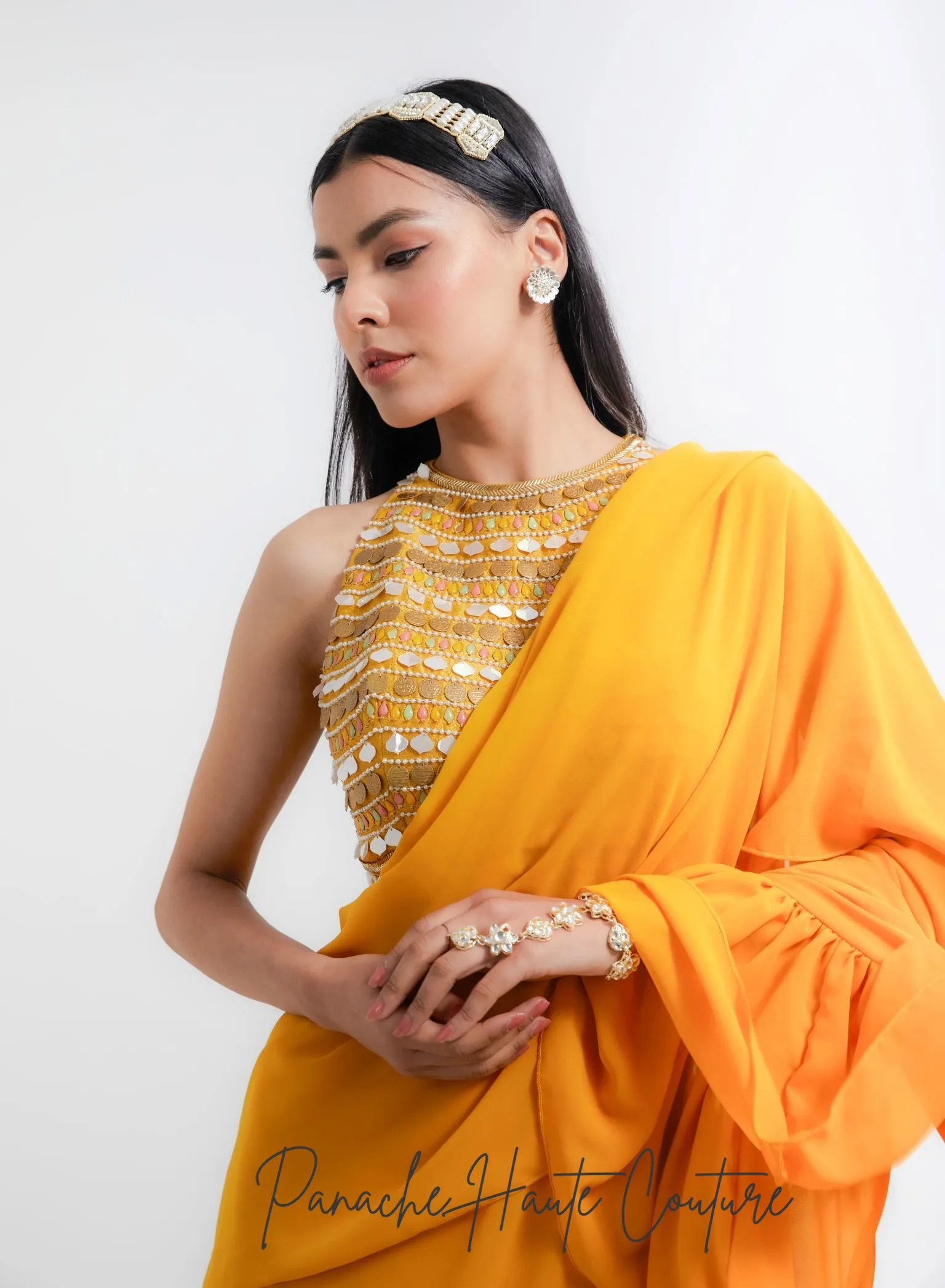 Mustard Yellow Color Ruffled Saree