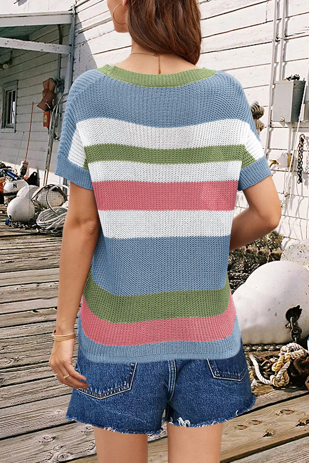 Nala Striped Round Neck Short Sleeve Knit Top