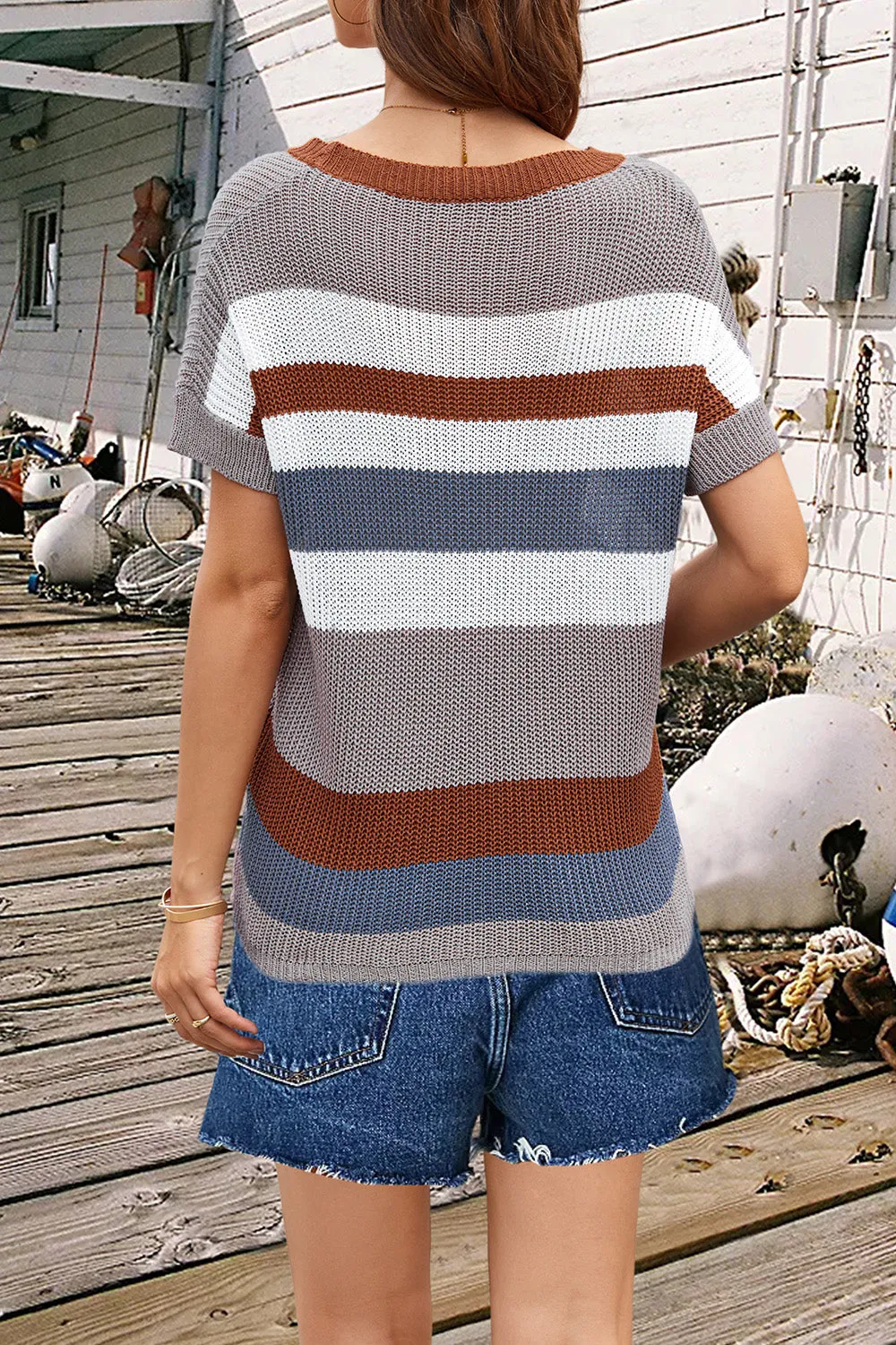 Nala Striped Round Neck Short Sleeve Knit Top
