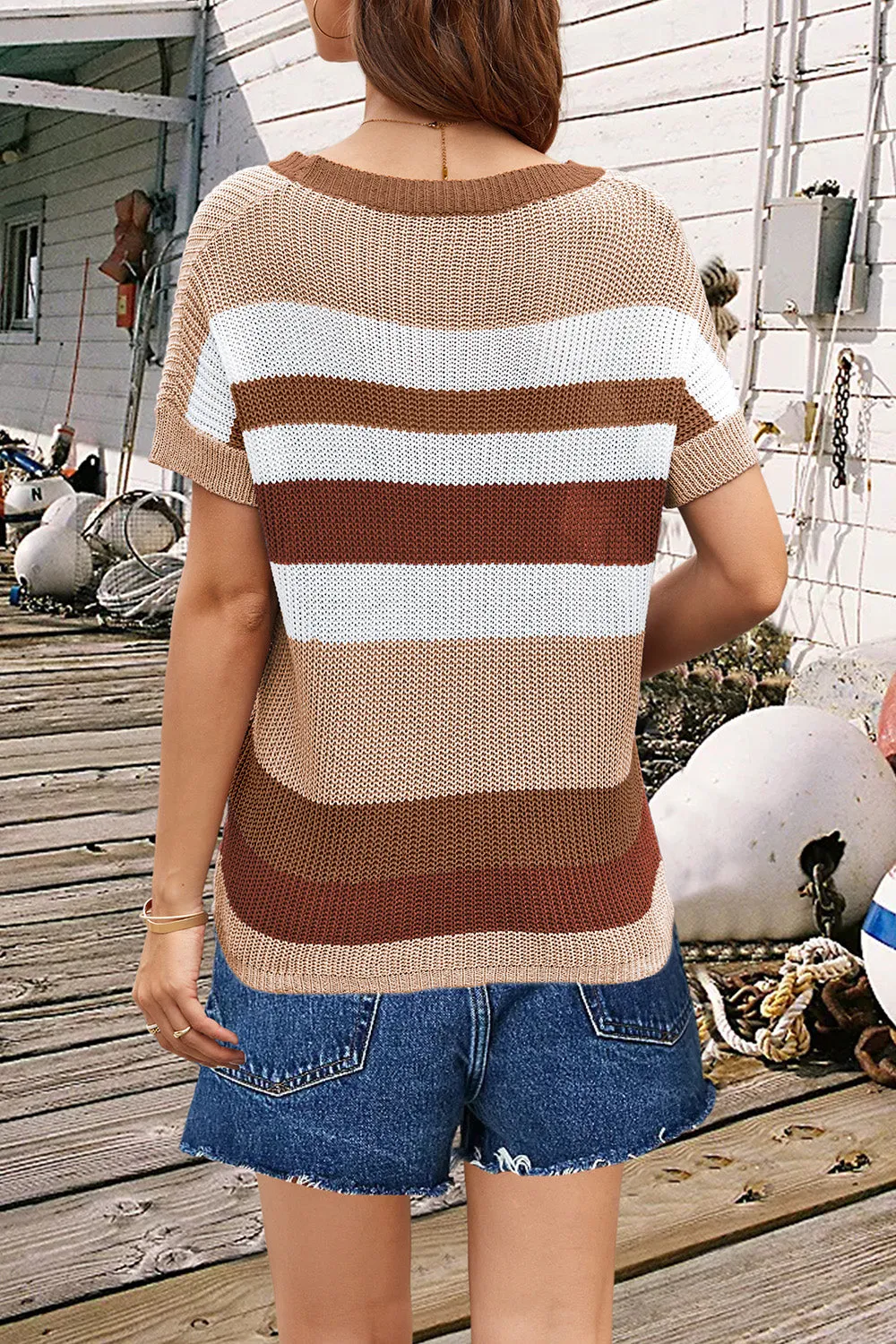 Nala Striped Round Neck Short Sleeve Knit Top