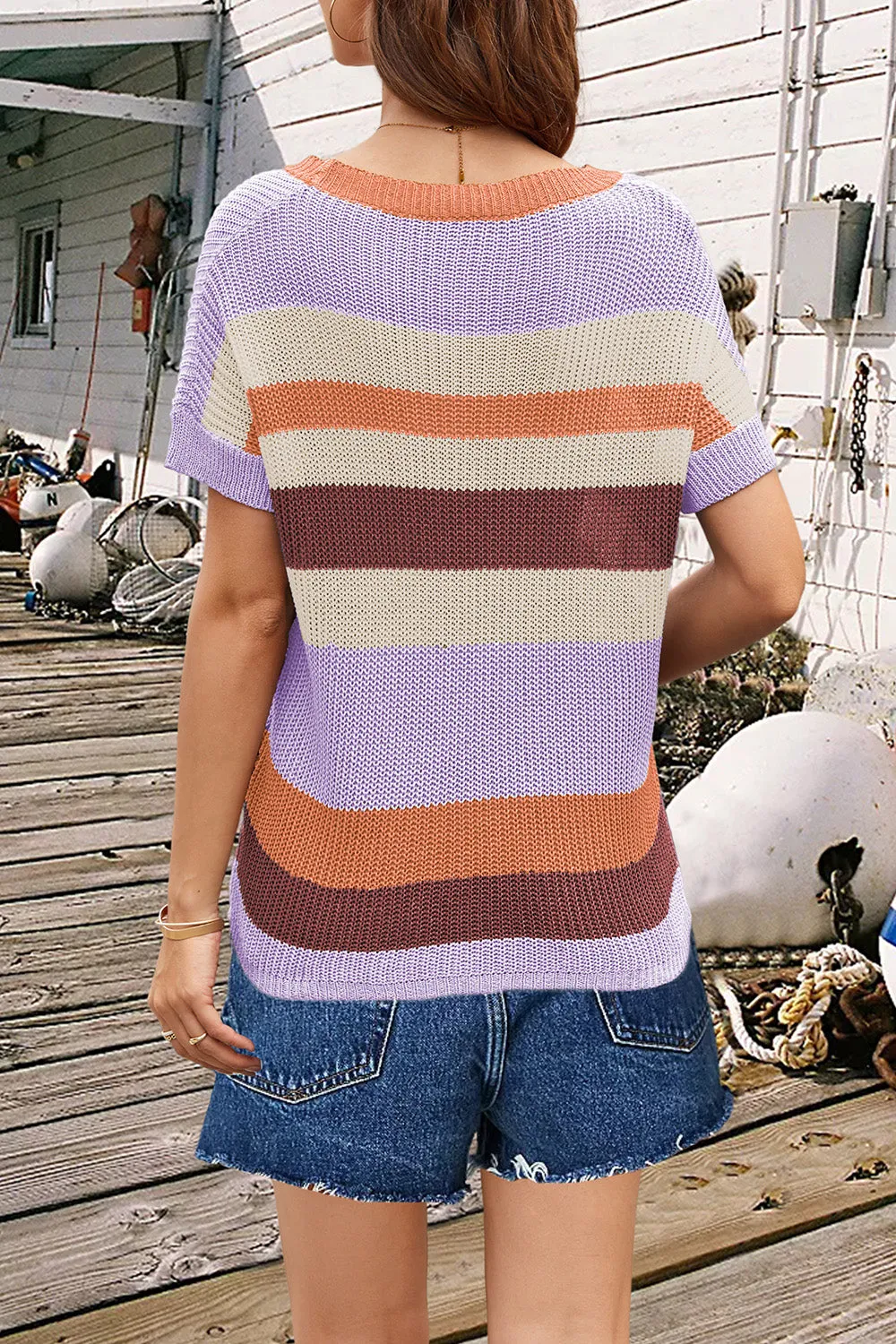 Nala Striped Round Neck Short Sleeve Knit Top