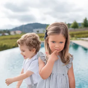 Navy Striped Chambray Ruffle Shoulder Dress