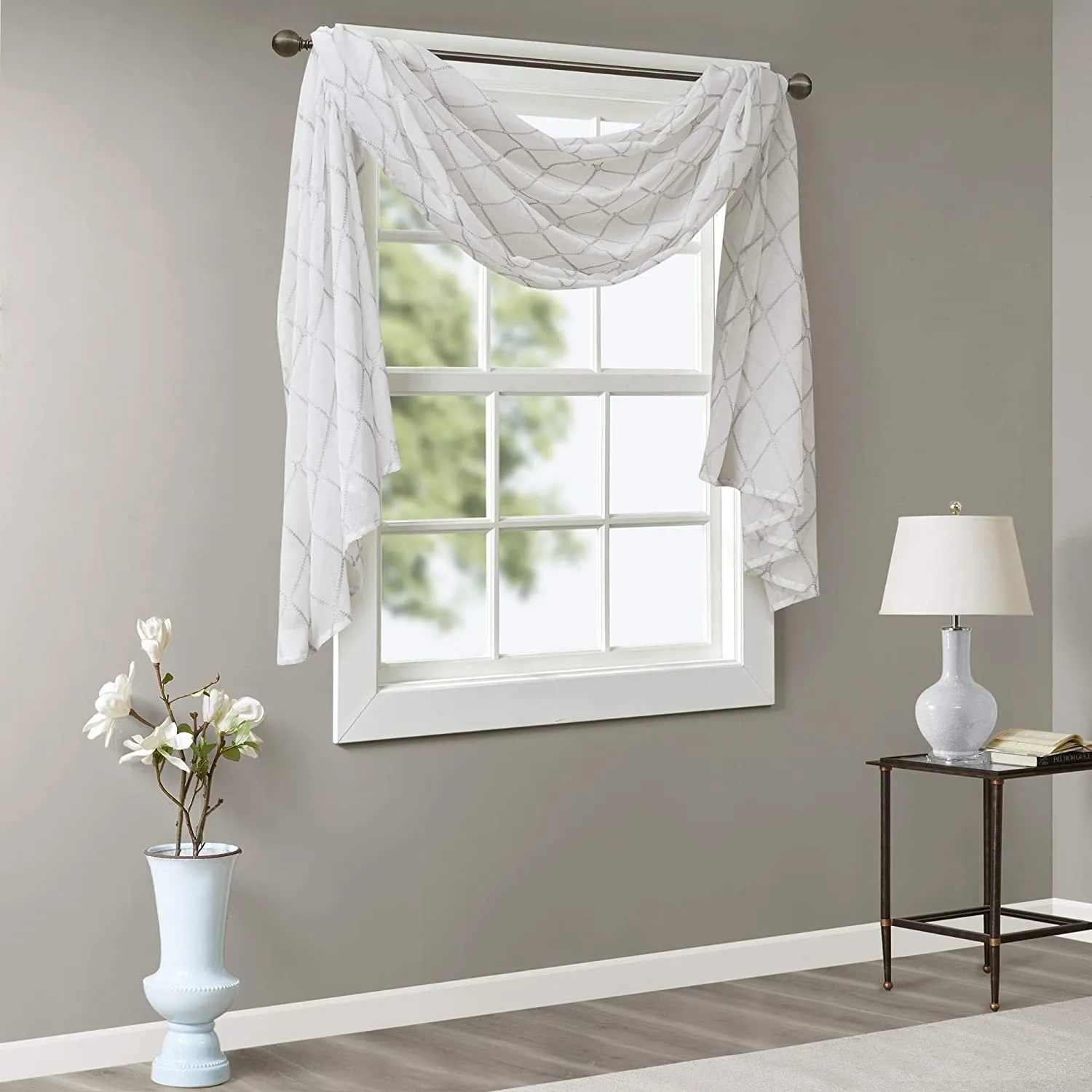 New Madison Park Irina 50x144" Diamond Sheer Embroidered Window Scarf in White