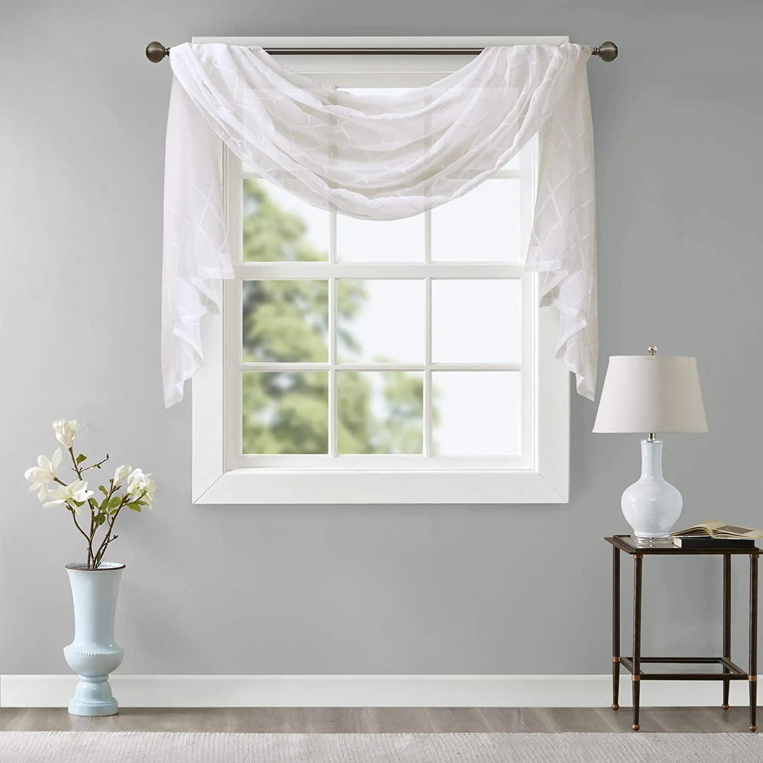 New Madison Park Irina 50x144" Diamond Sheer Embroidered Window Scarf in White
