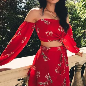 New Summer Two Piece Off Shoulder Ruffles Tops & Skirts Set