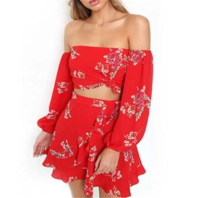 New Summer Two Piece Off Shoulder Ruffles Tops & Skirts Set