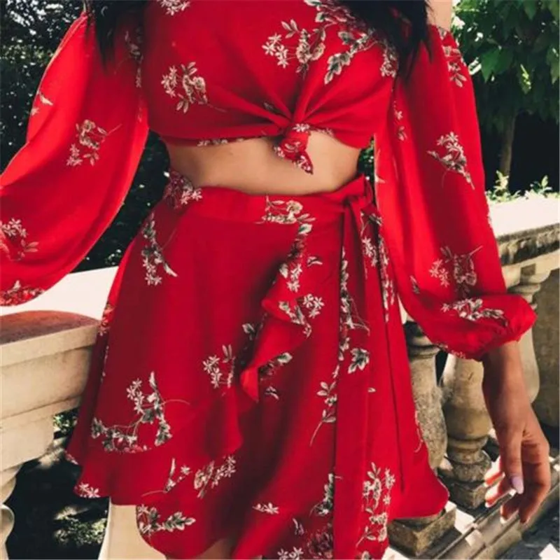 New Summer Two Piece Off Shoulder Ruffles Tops & Skirts Set