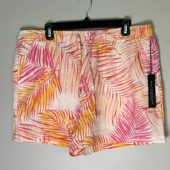 New Tahari XL Linen Yellow Pink Palm Print Shorts