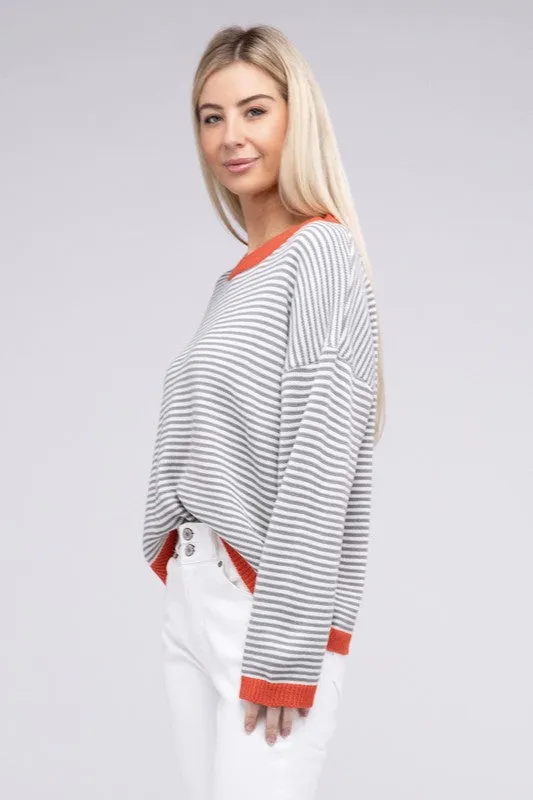 Nuvi Apparel Contrast Trimmed Striped Pullover Knit Top