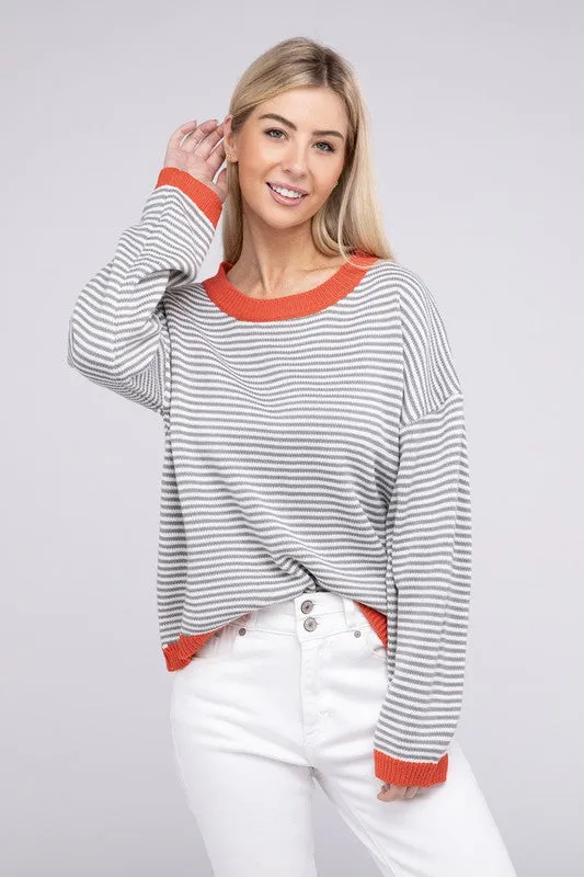 Nuvi Apparel Contrast Trimmed Striped Pullover Knit Top