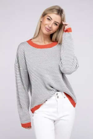 Nuvi Apparel Contrast Trimmed Striped Pullover Knit Top