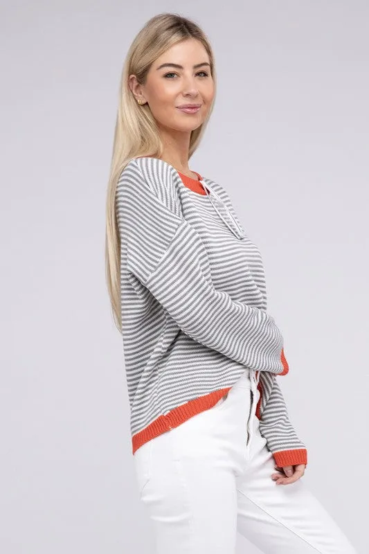 Nuvi Apparel Contrast Trimmed Striped Pullover Knit Top