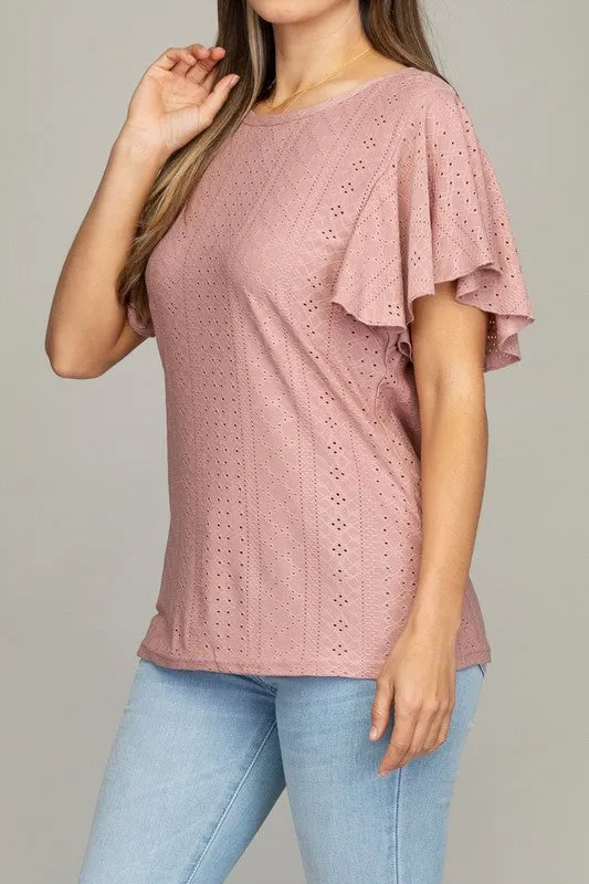 Nuvi Apparel Embroidered eyelet top with wing sleeve