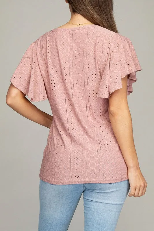 Nuvi Apparel Embroidered eyelet top with wing sleeve