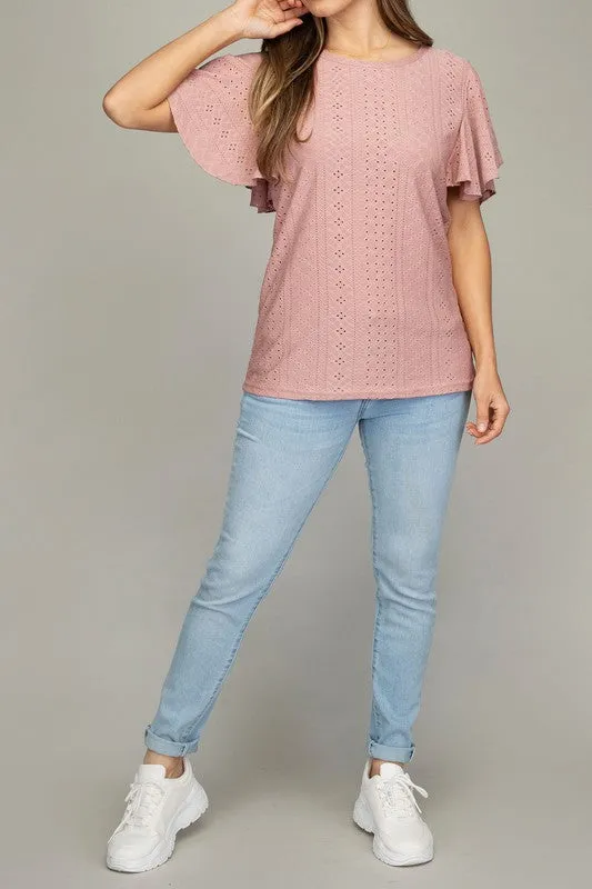 Nuvi Apparel Embroidered eyelet top with wing sleeve