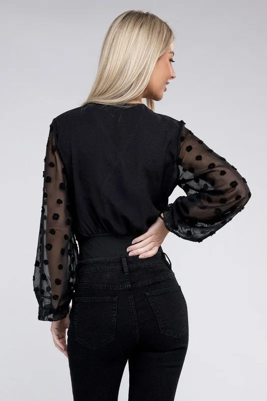 Nuvi Apparel V Neck Wrap Sheer Sleeves Bodysuit