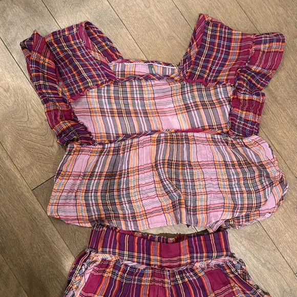 NWT Anthropologie Gauzy Ruffled Plaid pj lounge set XXS
