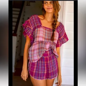 NWT Anthropologie Gauzy Ruffled Plaid pj lounge set XXS