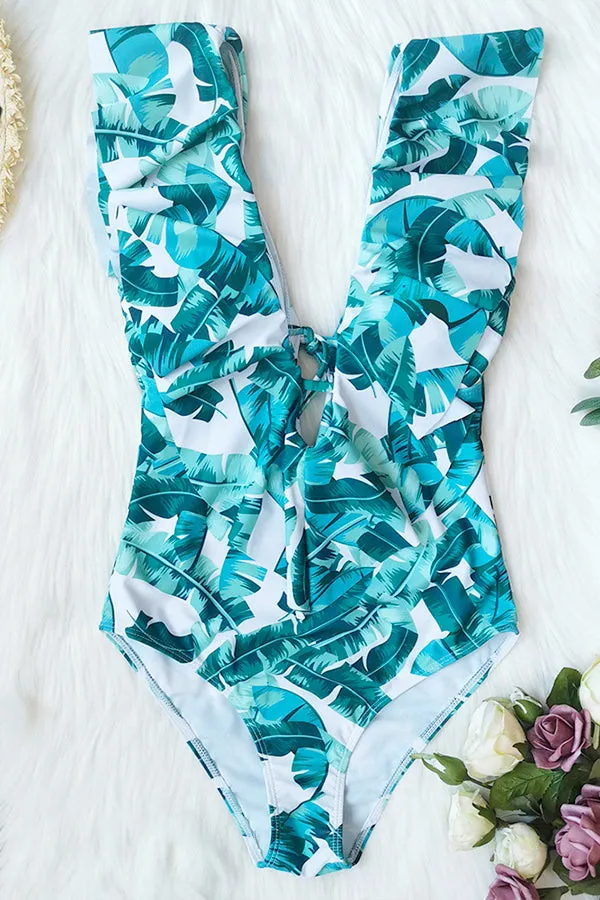 One-Piece V-Neck Ruffled Swimsuit