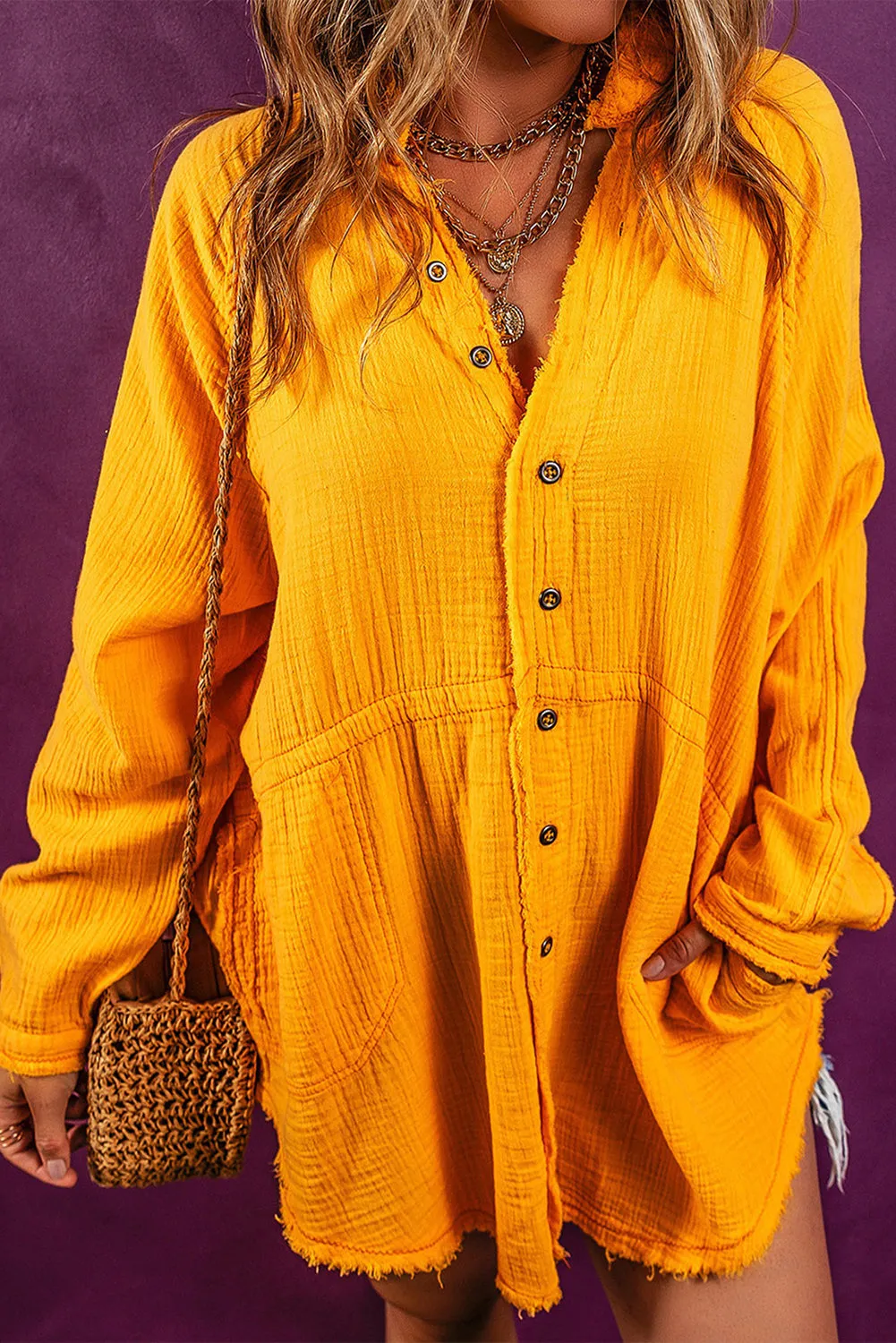 Oversized Frayed Hem Tunic Shirt