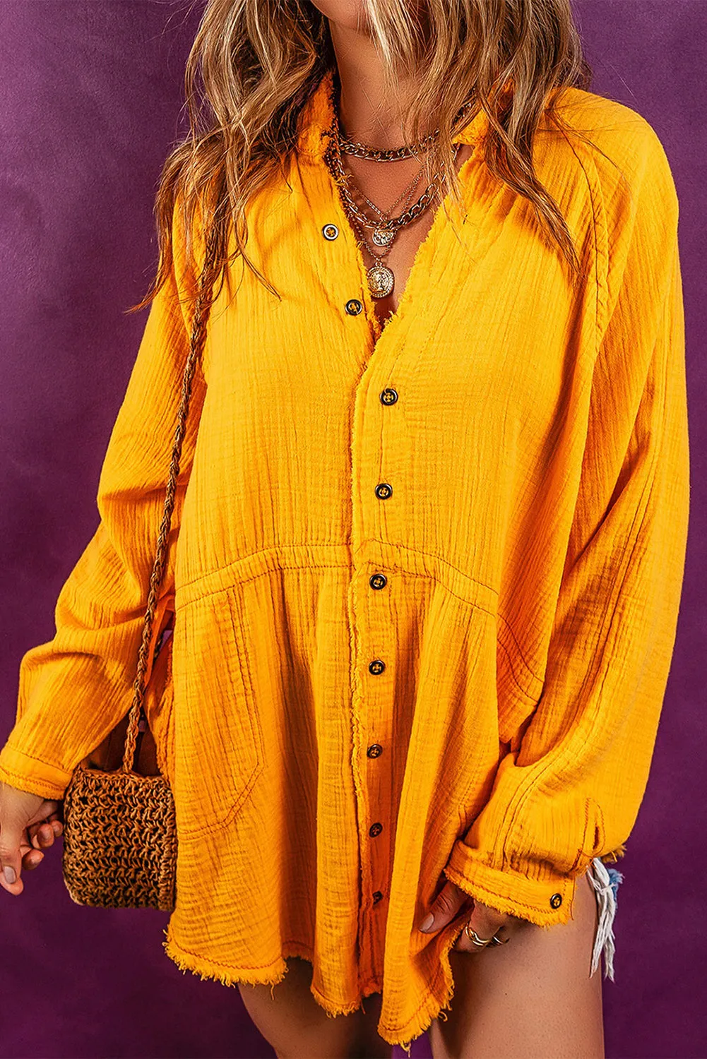Oversized Frayed Hem Tunic Shirt