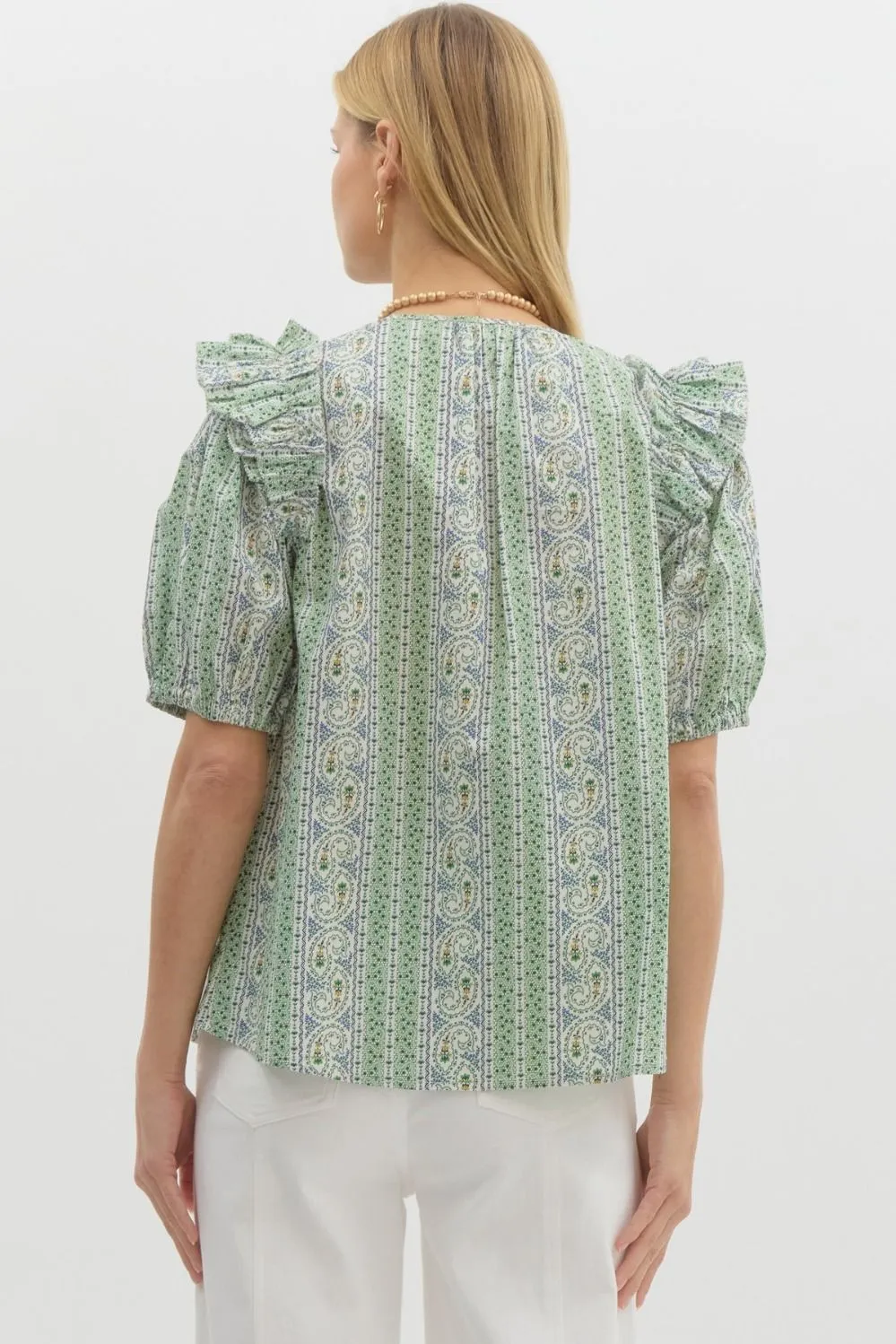 Paisley Double Ruffle Detailed Top {Green}