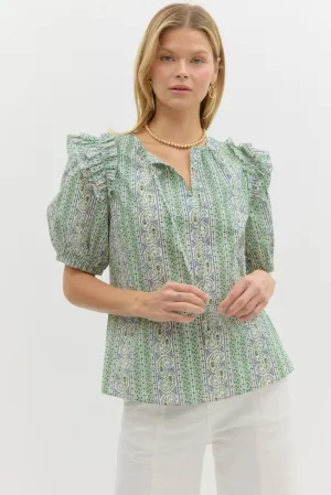 Paisley Double Ruffle Detailed Top {Green}