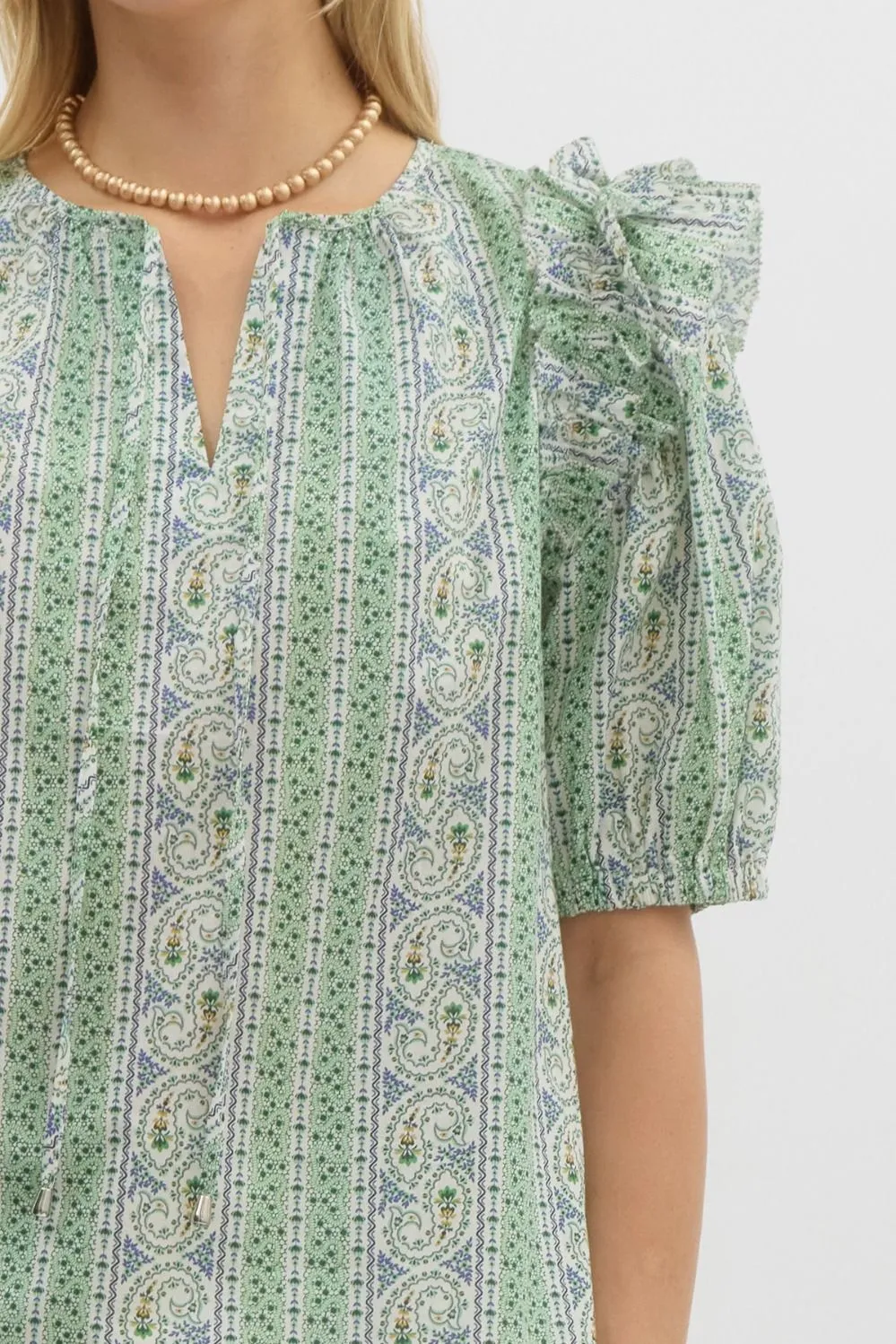 Paisley Double Ruffle Detailed Top {Green}
