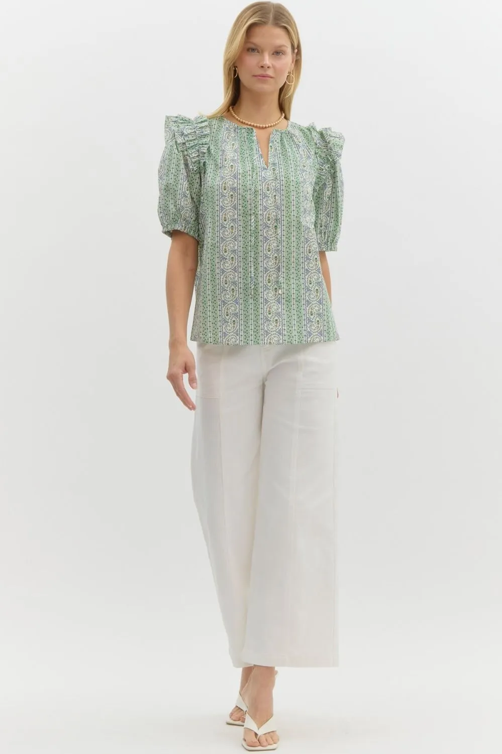 Paisley Double Ruffle Detailed Top {Green}