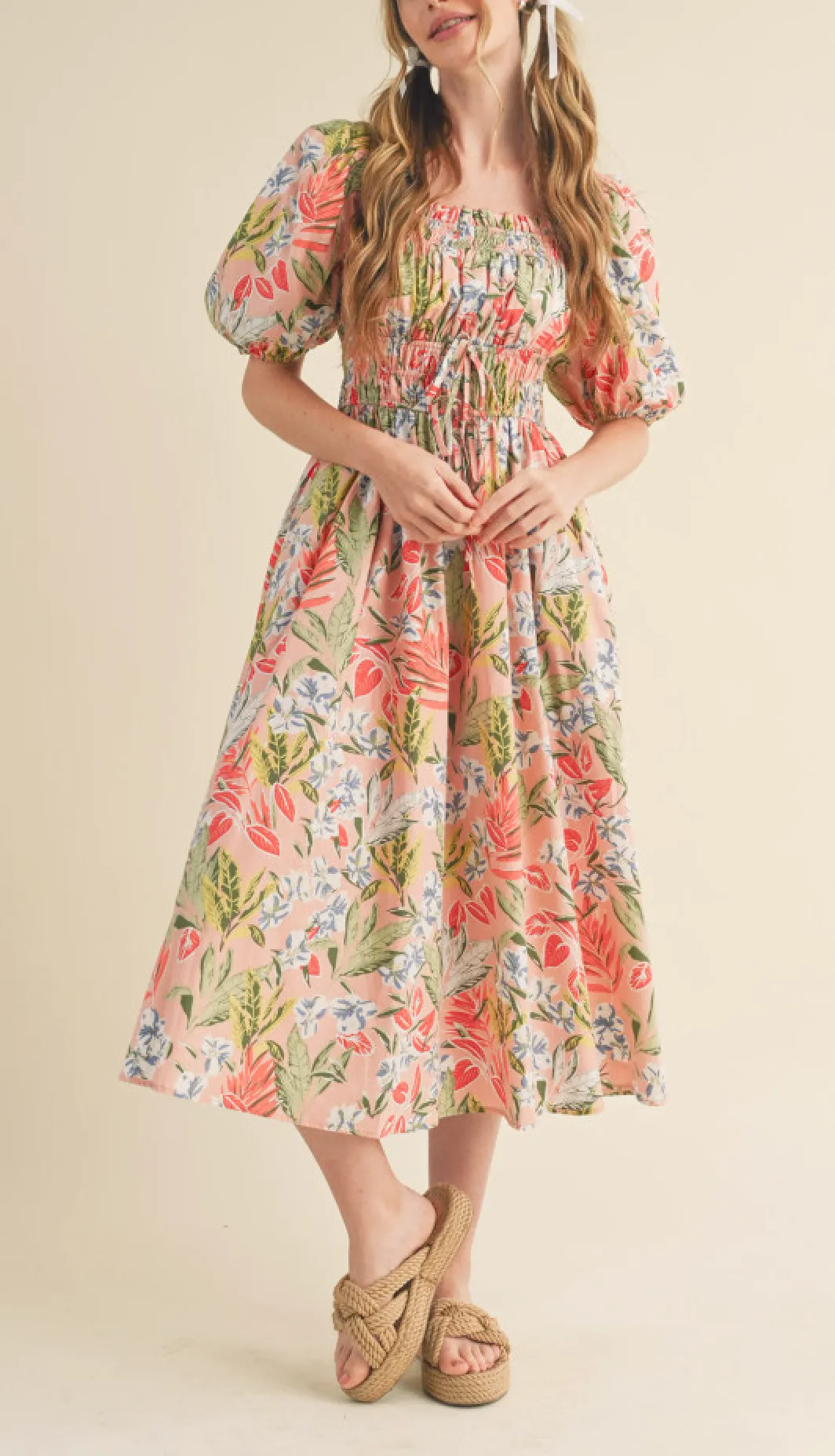 Paisley Floral Puff Sleeve Midi Dress