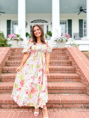 Paisley Floral Puff Sleeve Midi Dress